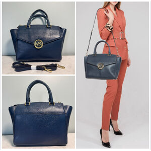 Women's Michael Kors Leather Large Hudson Satchel Tote Navy Blue Gold Logo